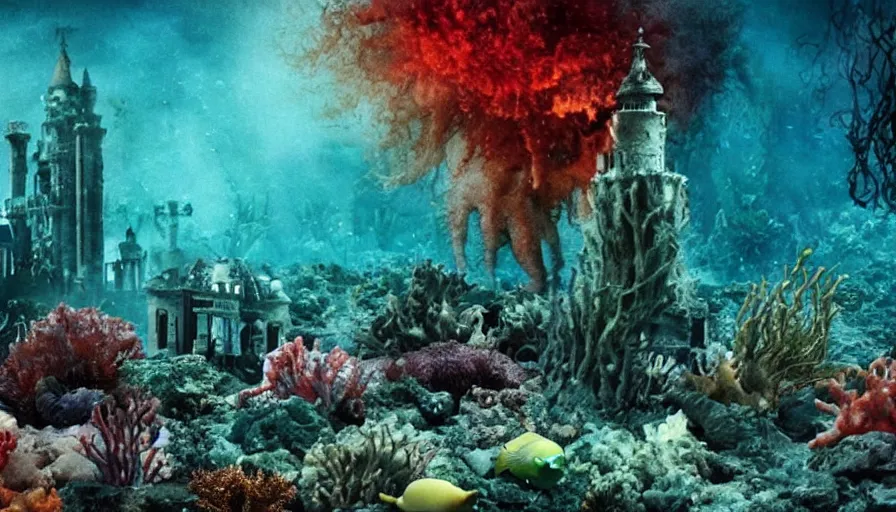 Image similar to Big budget color horror movie, city under the sea