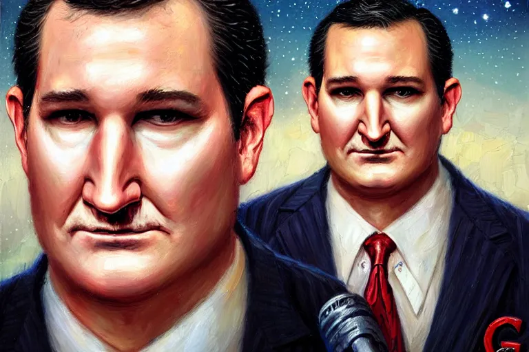 Image similar to portrait of ted cruz as the zodiac killer at night texas, an oil painting by ross tran and thomas kincade