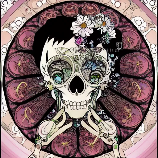 Image similar to anime manga skull portrait happy girl face skeleton illustration style by Alphonse Mucha and Takashi Murakami pop art nouveau