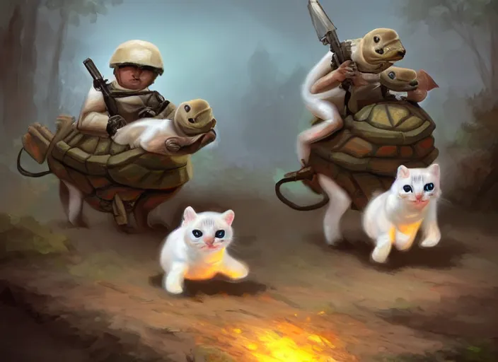 Image similar to white soldier kittens riding turtles going into battle, cute, digital oil painting, trending on artstation