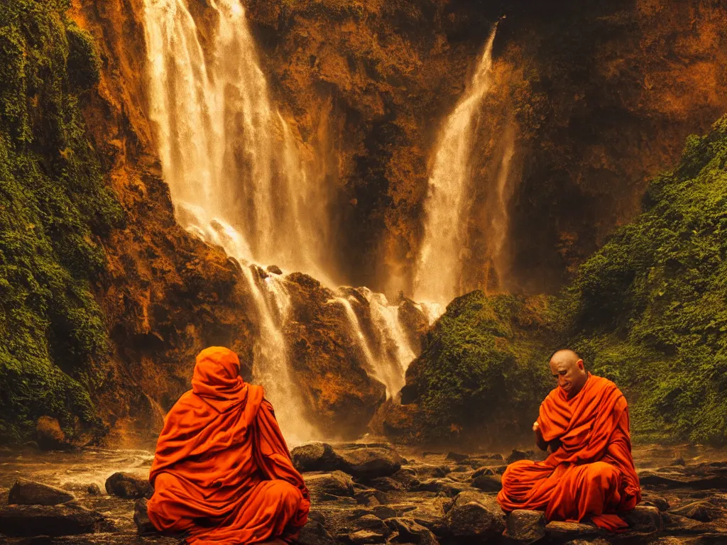 Image similar to dang ngo, annie leibovitz, steve mccurry, a simply breathtaking shot of mediating monk in orange, giantic waterfall, bright moonlight, golden ratio, wide shot, symmetrical