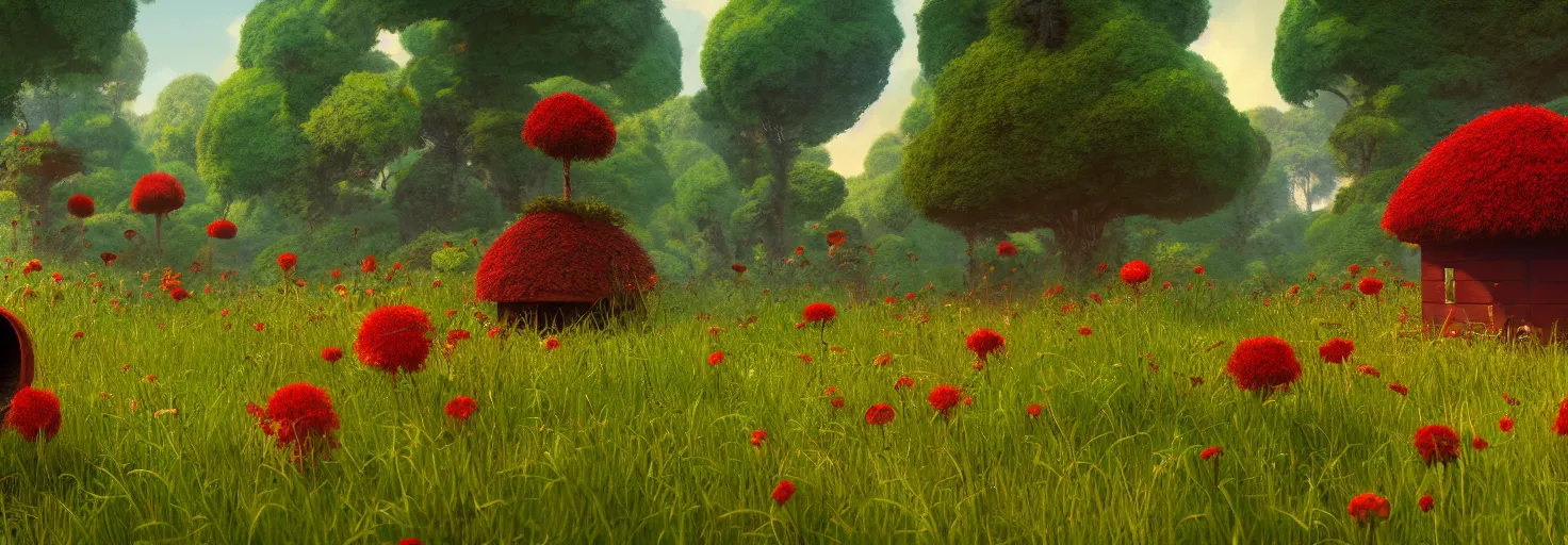 Image similar to crimson - black beehive, large bee hive, in a beautiful forest meadow village landscape, flowers, happy trees, photorealistic, octane render, rtx, hdr, unreal engine, digital art widescreen 8 k, studio ghibli, bob ross, pixar, bee movie, disney