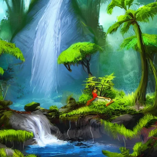 Prompt: Waterfall in the middle of the jungle, 8k, detailed, concept art, trending on artstation