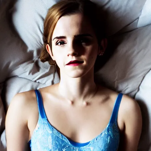 Prompt: emma watson waiting for you in bed at night while smiling shyly, messy hair bedhead, very sleepy and shy, bare shoulders, comforting, covered by little blue nighty, dim cool lighting