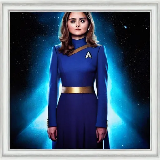 Prompt: a beautiful full body photograph of jenna coleman as a star fleet science officer from star trek next generation, full dress uniform, symmetrical face, extreme realism and detail, 8 k, completely framed, direct lighting, 3 5 mm photo, photorealistic, sharp focus