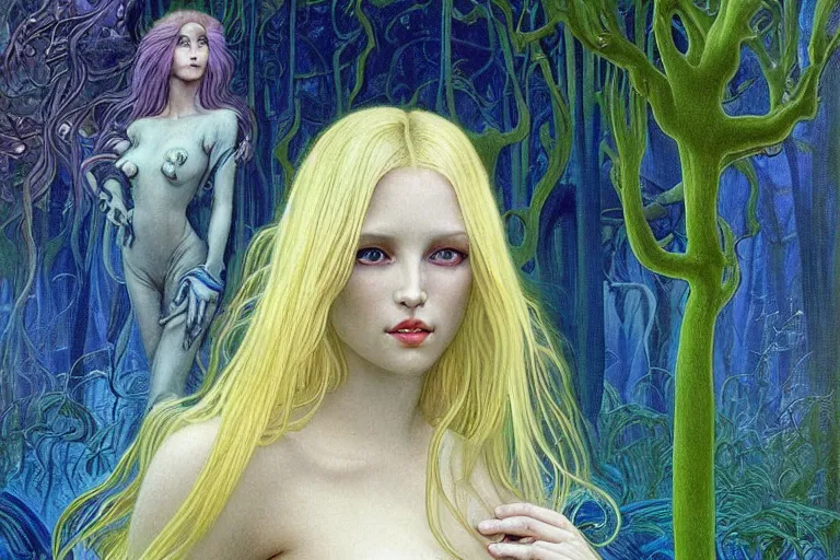 Image similar to realistic detailed portrait painting of a beautiful ghost woman with blond hair with an alien, futuristic sci-fi forest on background by Jean Delville, Amano, Yves Tanguy, Alphonse Mucha, Edward Robert Hughes, Roger Dean, rich moody colours, blue eyes