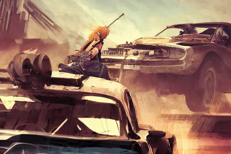 Image similar to digital illustration of mad max's yugo by makoto shinkai, ilya kuvshinov, lois van baarle, rossdraws, basquiat