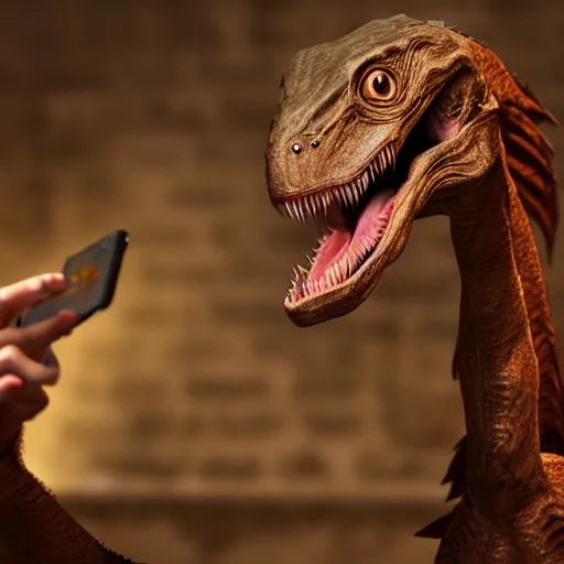 Prompt: velociraptor taking a selfie in a crowded tavern, anatomically correct, dof, Arnold Render, intricately detailed, 8k