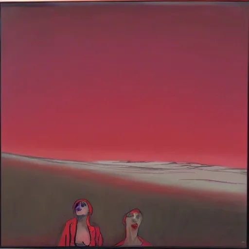 Image similar to a paint and pastel - on - board piece that shows a central androgynous figure against a blood - red sky. the person's mouth is open wide in a silent scream, while their eyes are black voids. they are surrounded by two other people, one of whom is also screaming. the background is a jagged landscape with mountains and water.