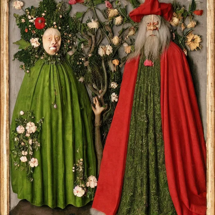 Image similar to a woman wearing a cloak of flowers, standing next to a creepy old green-horned goblin man, by Jan van Eyck