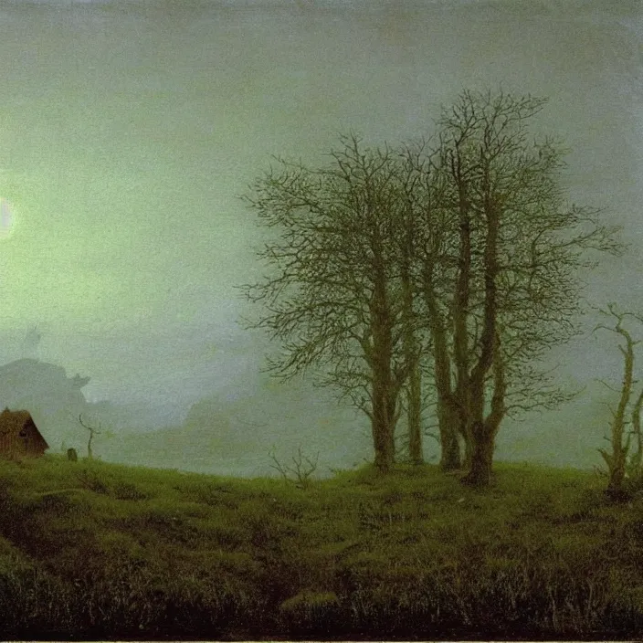 Prompt: painting of a cabin in the moorland by caspar david friedrich, at night, eerie, supernatural