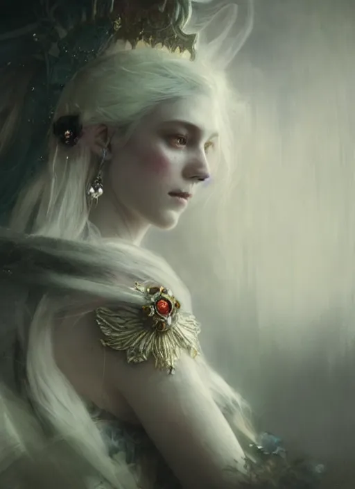 Prompt: a beautiful white haired princess, adorned with precious stone jewelry, intricate concept art, ethereal, ominous, gorgeous dark fantasy, misty, dramatic lighting, octane render, 8 k, ruan jia and jeremy mann and alphonse mucha