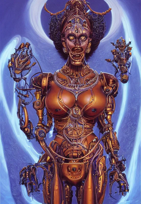 Prompt: perfectly centered portrait, front view of a beautiful biomechanical android alien robot goddess kali, female, flowing hair, intense stare, sarcastic smile, symmetrical, concept art, intricate detail, volumetric shadows and lighting, realistic oil painting by tim hildebrandt,