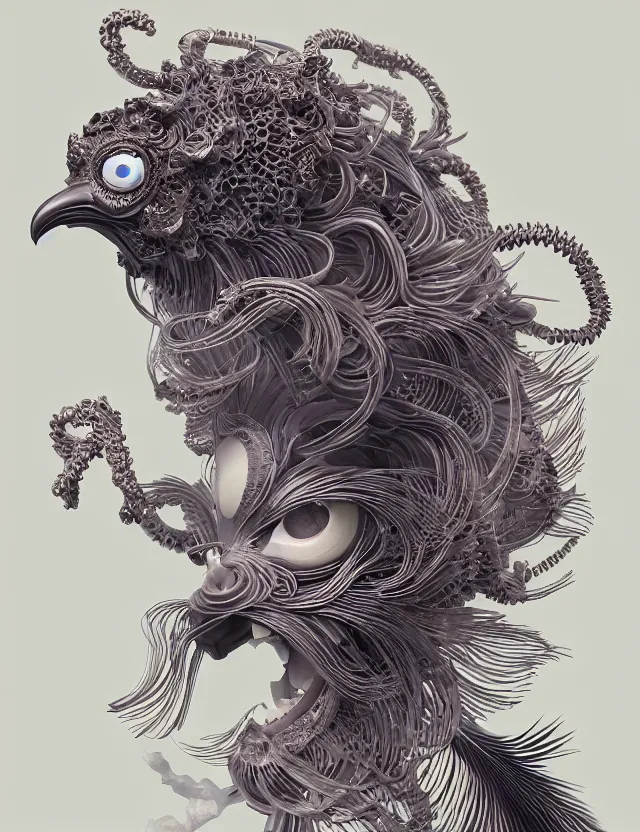 Image similar to simple coherent artwork. 3 d goddess close - up 3 / 4 portrait with ram skull. beautiful intricately detailed japanese crow kitsune mask and clasical japanese kimono. betta fish, jellyfish phoenix, bio luminescent, plasma, ice, water, wind, creature, artwork by tooth wu and wlop and beeple and greg rutkowski