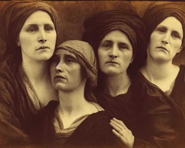 Image similar to the three marys at the sepulchre, expressive faces, julia margaret cameron