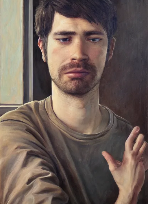 Prompt: insanely detailed portrait of a sleepy - looking programmer guy in front of his ultrawide monitor begging for forgiveness, oil on canvas, masterwork, fine detail, trending on artstation, emotive, insanely compelling, ryden, koons, moebius