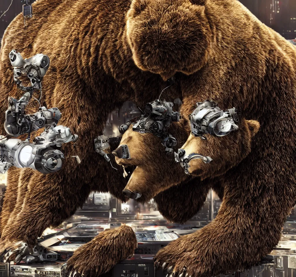 Prompt: a cyborg grizzly bear dj mixing records on stage, photorealistic, highly detailed, sharp focus, illustration, lifelike, highly detailed, intricate, cyberpunk, biomechanics,