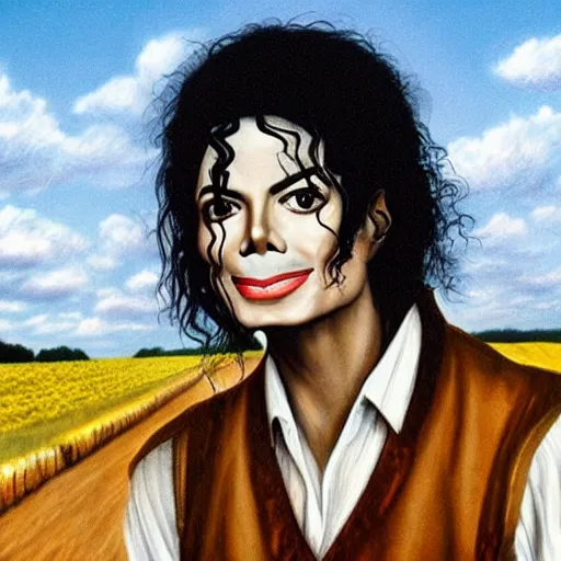 Prompt: Michael Jackson as a farmer from the 1600s standing in the middle of a field, realistic, closeup