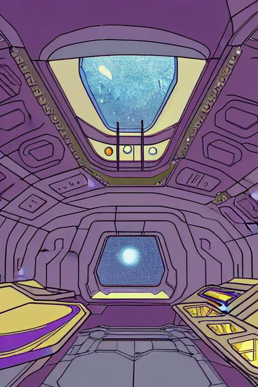 Image similar to a space ship interior det design in a world inspired by jean giraud moebius and geoff darrow
