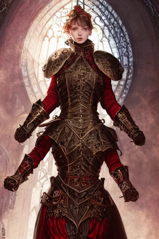 Prompt: beautiful luxury and elite and victorian and holy medieval female red and white color armor knight portrait+smoky eyes+light flowing hair, in ruin gothic cathedral, ultradetail face, art and illustration by tian zi and craig mullins and WLOP and alphonse mucha, fantasy, intricate complexity, human structure, fantasy world concept, watermark, blurry, hyperrealism 8k