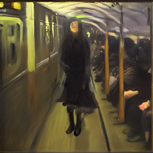 Image similar to “ a girl in the new york city subway, oil painting, by george bellows ”