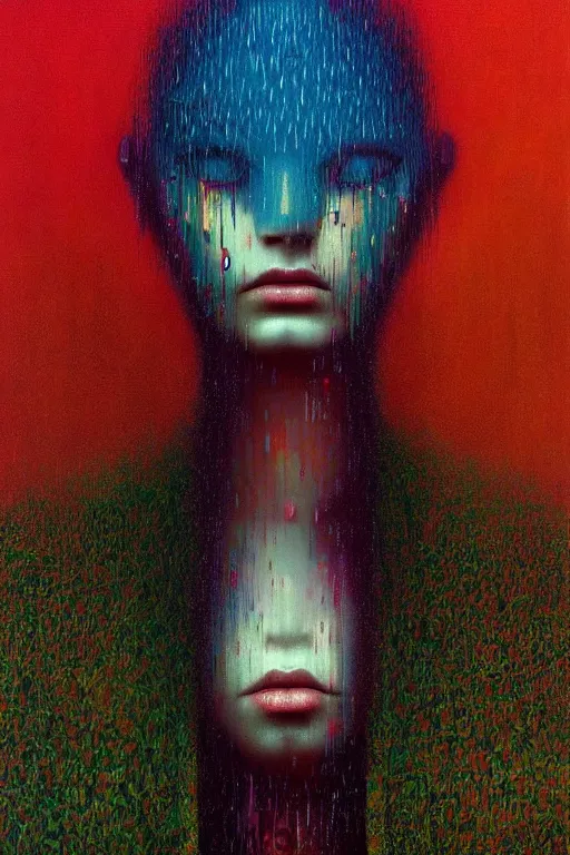 Image similar to souless ai art, 8 0 s style clothes, rain like a dream, oil painting, cinematic, symmetrical, surreal, dramatic, dreamlike, bold, cyberpunk, zdzisław beksinski + james jean + loish + artgerm + rutkowski + moebius + francis bacon + gustav klimt,