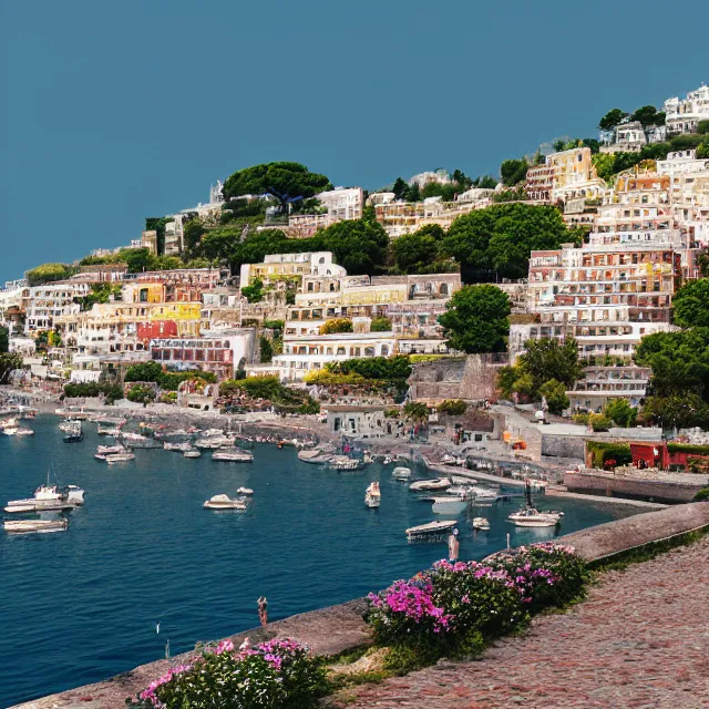 Prompt: portsmouth new hampshire colonial city on positano italy cliff, ocean cliff view, maple trees along street, chimneys on buildings, cobblestone street, light cinematic, volumetric, realistic, cinematic lighting, ray tracing, unreal engine 5, octane render, hyper realistic, photo, 8 k