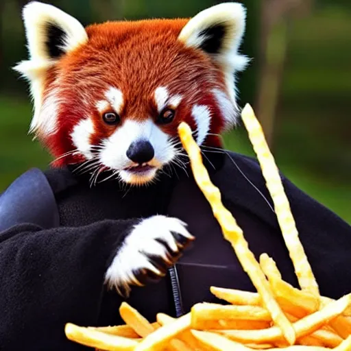 Prompt: a photo of a red panda dressed like Darth Vader eating french fries