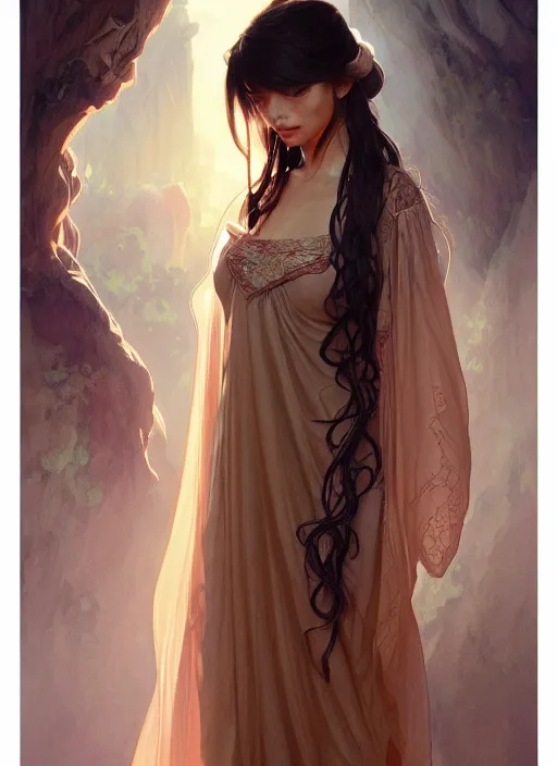 Image similar to cute brown woman wearing a transparent night gown and hanfu face veil, fantasy, intricate, highly detailed, digital painting, artstation, concept art, wallpaper, smooth, sharp focus, illustration, art by artgerm and greg rutkowski and alphonse mucha