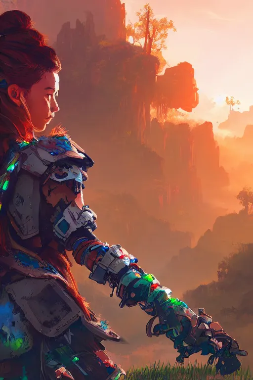 Image similar to combination suit armor aloy horizon forbidden west horizon zero dawn radiating a glowing aura global illumination ray tracing hdr fanart arstation by ian pesty and alena aenami artworks in 4 k tribal robot ninja mask helmet backpack