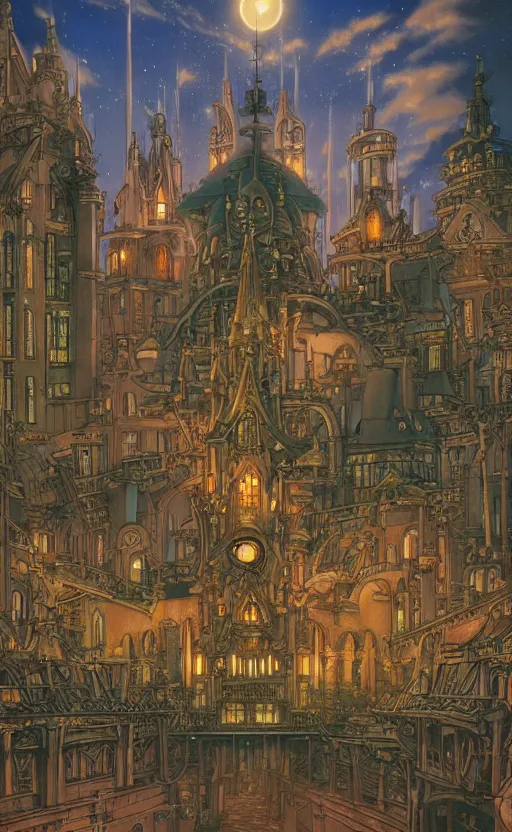 Image similar to Studio Ghibli steampunk cathedral at dusk by Hayao Miyazaki, Michael Whelan, and Thomas Kincade