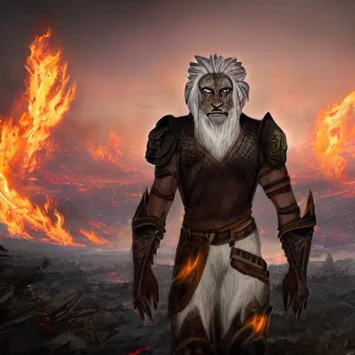 Image similar to Lionman with white hair and glowing yellow eyes wearing leather armor, walking towards the camera, burning city in background, charred landscape, Ray Tracing Global Illumination, wielding a longsword, detailed fantasy art, Dim Lighting