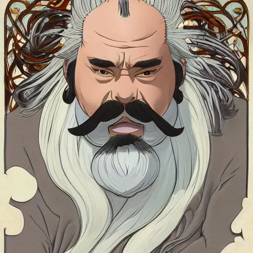 Prompt: a middle - aged man with bulk muscles and black hair consists of an unruly, mostly swept - back mane and waist - length fu manchu mustache and spiked goatee, path traced, highly detailed, high quality, digital painting, by studio ghibli and alphonse mucha, leesha hannigan, hidari, disney