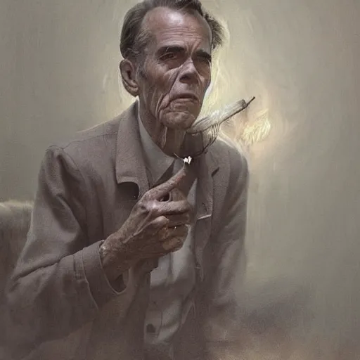 Prompt: a highly detailed epic cinematic concept art CG render digital painting artwork costume design: Henry Fonda as a 1950s tired disillusioned poet, barefoot, smoking one cigarette. volumetric lighting. By Greg Rutkowski, in the style of Francis Bacon and Syd Mead and Norman Rockwell and Beksinski, great attention to proper perfect anatomy, highly detailed, painted by Francis Bacon and Edward Hopper, painted by James Gilleard, surrealism, airbrush, Ilya Kuvshinov, WLOP, Stanley Artgerm, very coherent, triadic color scheme, realistic facial expression, art by Takato Yamamoto and James Jean