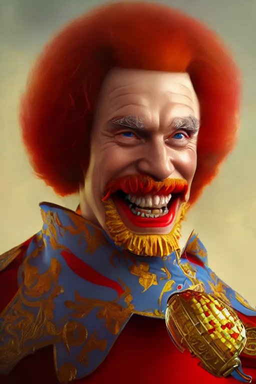 Prompt: vladimir putin as ronald mcdonald, closeup, d & d, fantasy, intricate, elegant, highly detailed, digital painting, artstation, concept art, matte, sharp focus, illustration, hearthstone, art by artgerm and greg rutkowski and alphonse mucha