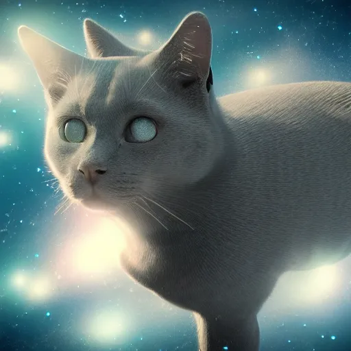 Image similar to a beatiful cute Russian blue cat floating in outer space, photorealistic, octane render, blender cycles engine, volumetric lighting, astrophotography, 4k ultra hd, HDR, detailed