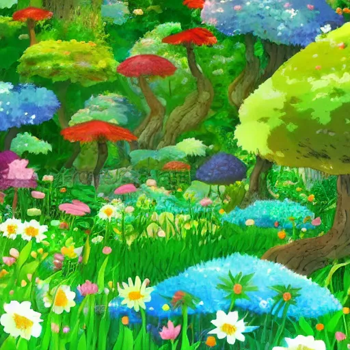 Prompt: flower forest background made by studio ghibli, beautiful scene, creatures