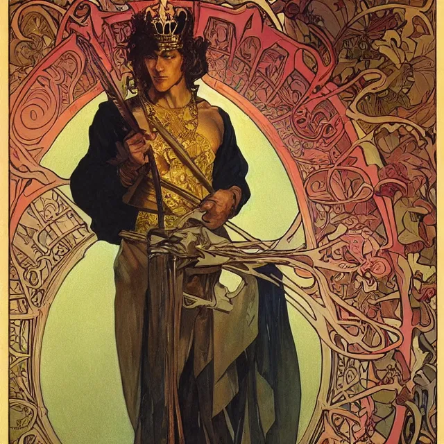 Image similar to an aesthetic! a detailed portrait of a man with a crown, holding a scepter by frank frazetta and alphonse mucha, oil on canvas, art nouveau dungeons and dragons fantasy art, hd, god - rays, ray - tracing, crisp contour - lines, huhd