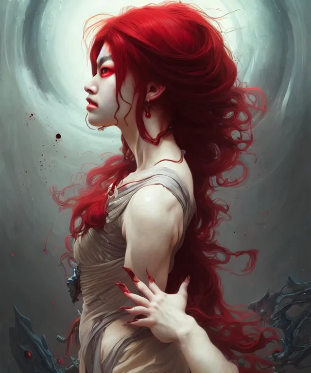 Prompt: Beautiful female zombie, asian origin, sci-fi, white eyes, face, red hair, fantasy, intricate, elegant, highly detailed, digital painting, artstation, concept art, smooth, sharp focus, illustration, art by artgerm and greg rutkowski and alphonse mucha