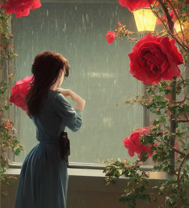 Image similar to an anthropomorphic rose watching it rains, fine details, night setting, realistic shaded lighting poster by ilya kuvshinov, katsuhiro, artgerm, jeremy lipkin, michael garmash, nixeu, unreal engine 5, radiant light, detailed and intricate environment