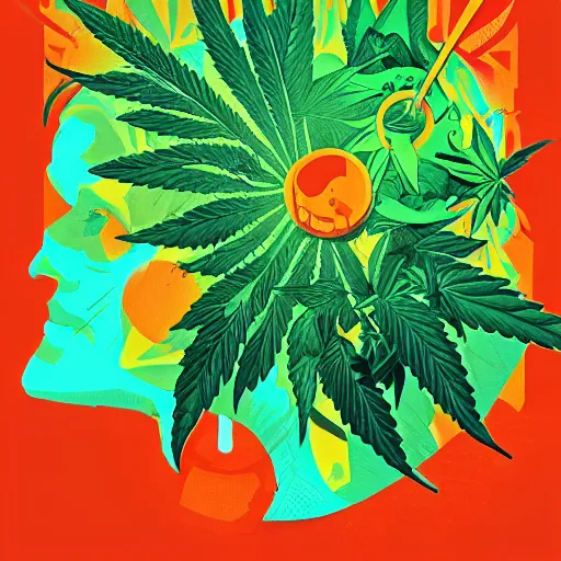 Prompt: marijuana poster by sachin teng, miami, organic painting, marijuana smoke, matte, hiphop, hard edges, energetic, 3 d shapes, asymmetrical, smoke, green, masterpiece