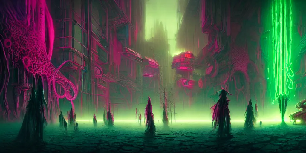 Prompt: cyberpunk witches battling cthulu lovecraftian aliens, neon colors, concept art by zdzislaw beksinski, cinematic, key art, high quality, hyper realism, high detail, octane render