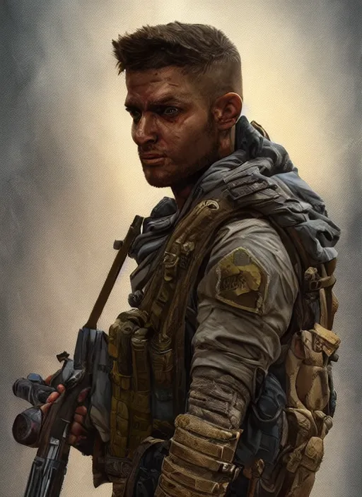 Image similar to A comic book style portrait painting of a male soldier in a post apocalyptic world, unreal 5, DAZ, hyperrealistic, octane render, RPG portrait, dynamic lighting