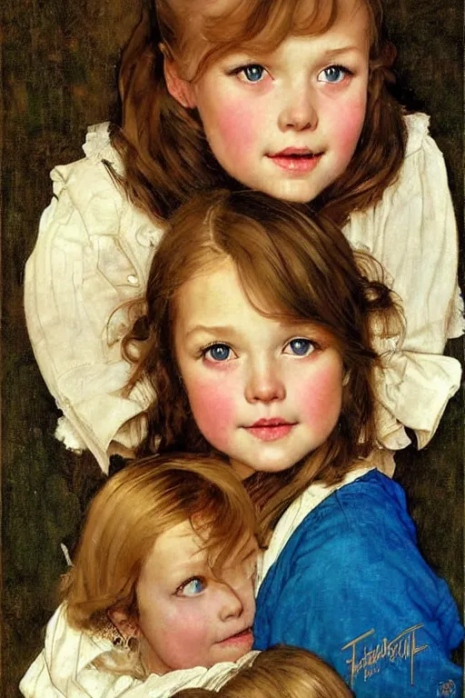 Image similar to a little girl with wavy light brown hair and blue eyes. beautiful painting by norman rockwell and raymond swanland, beautiful detailed face.