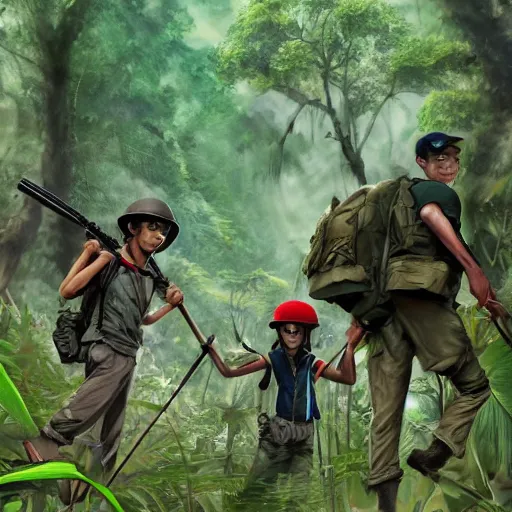 Prompt: Ash Ketchum and another man patrolling the jungle for the Vietcong, Vietnam War, Jungle, realistic, detailed, 4k, HDR