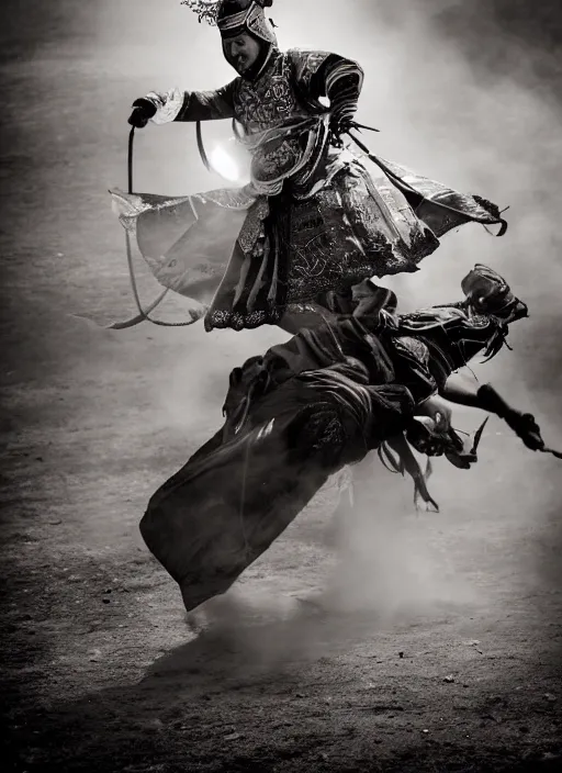 Image similar to old vintage photo of Chinese ancient warrior on the steam punk one wheels, extreme sports photography , dynamic photography, high speed,dirt and grawel flying in the spot, lens flares, dust in the air, moody lighting, intricate, elegant, highly detailed, centered, smooth, sharp focus, sports photography, old photo, black and white, sepia, cinematic lighting, cinematic angle, national geographic