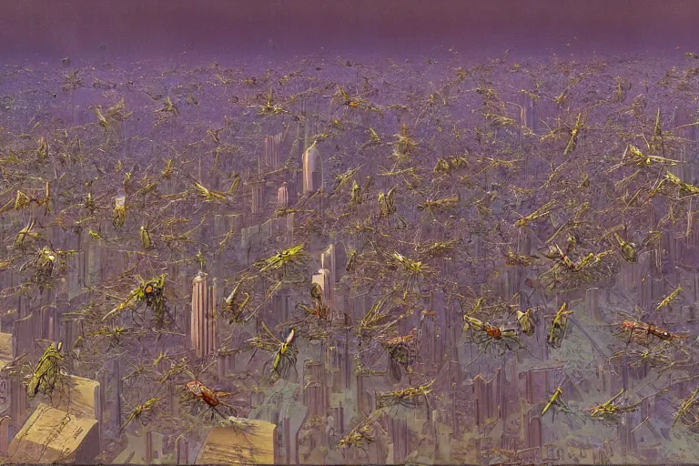 Image similar to oil painting, super - detailed scene of a swarm of insects overtaking a futuristic city, entomology, japanese sci - fi books art, artwork by jean giraud and zdzislaw beksinski and alphonse mucha and hr giger, hd, 4 k, high quality