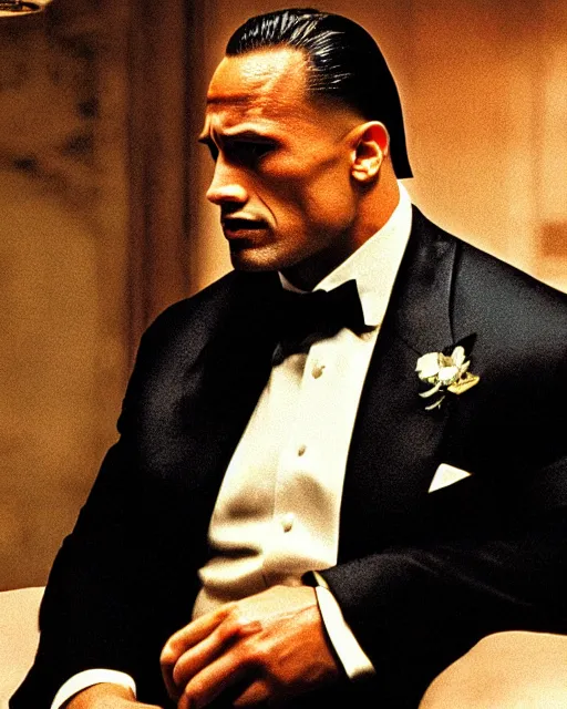 Image similar to film still close up shot of dwayne johnson as vito corleone from the movie the godfather. photographic, photography