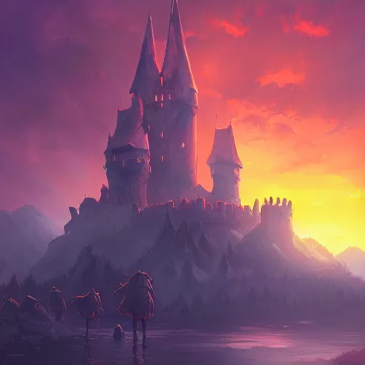 Prompt: a beautiful artwork painting of a dark castle at sunset, by andreas rocha, featured on artstation