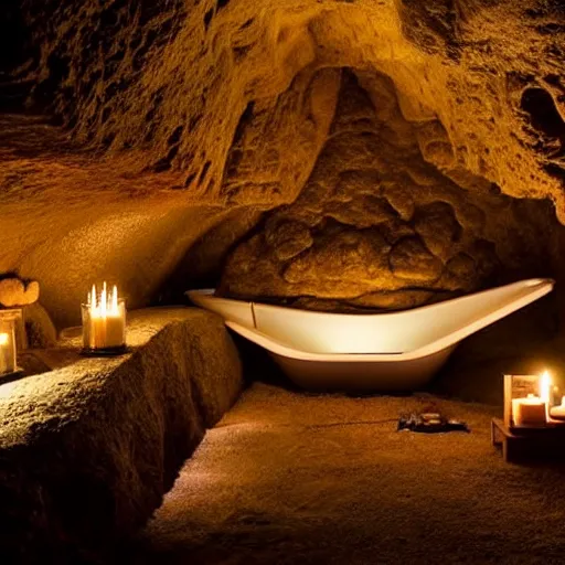 Image similar to cozy bathhouse hidden in a cave, candlelight, low ceiling, towels, cushions, natural light, lush plants and flowers, elegant, intricate, fantasy, atmospheric lighting,